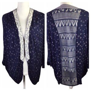 Miss Me Open Front Cardigan Drape Crochet Back Long Navy Blue Size L Lightweight